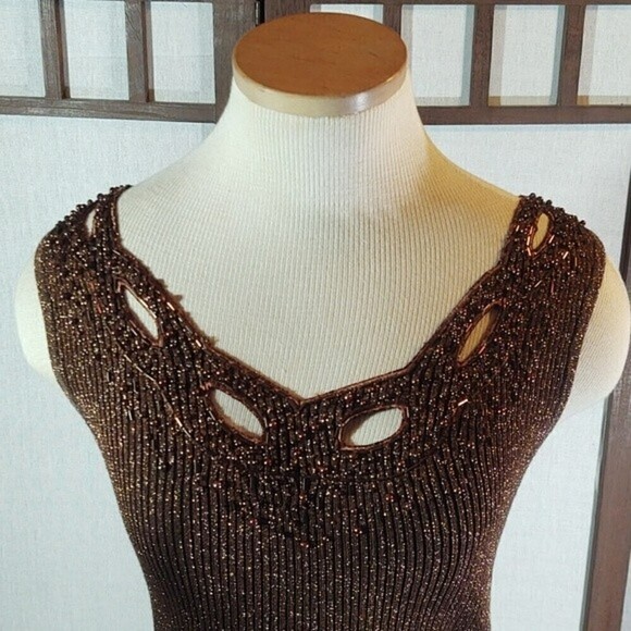 Vintage Cache Brown Sparkly Beaded Top Sz S - Picture 2 of 10